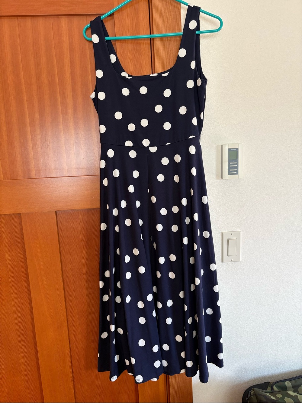 Navy Polka Dot Sleeveless Midi Dress - White Dot Pattern